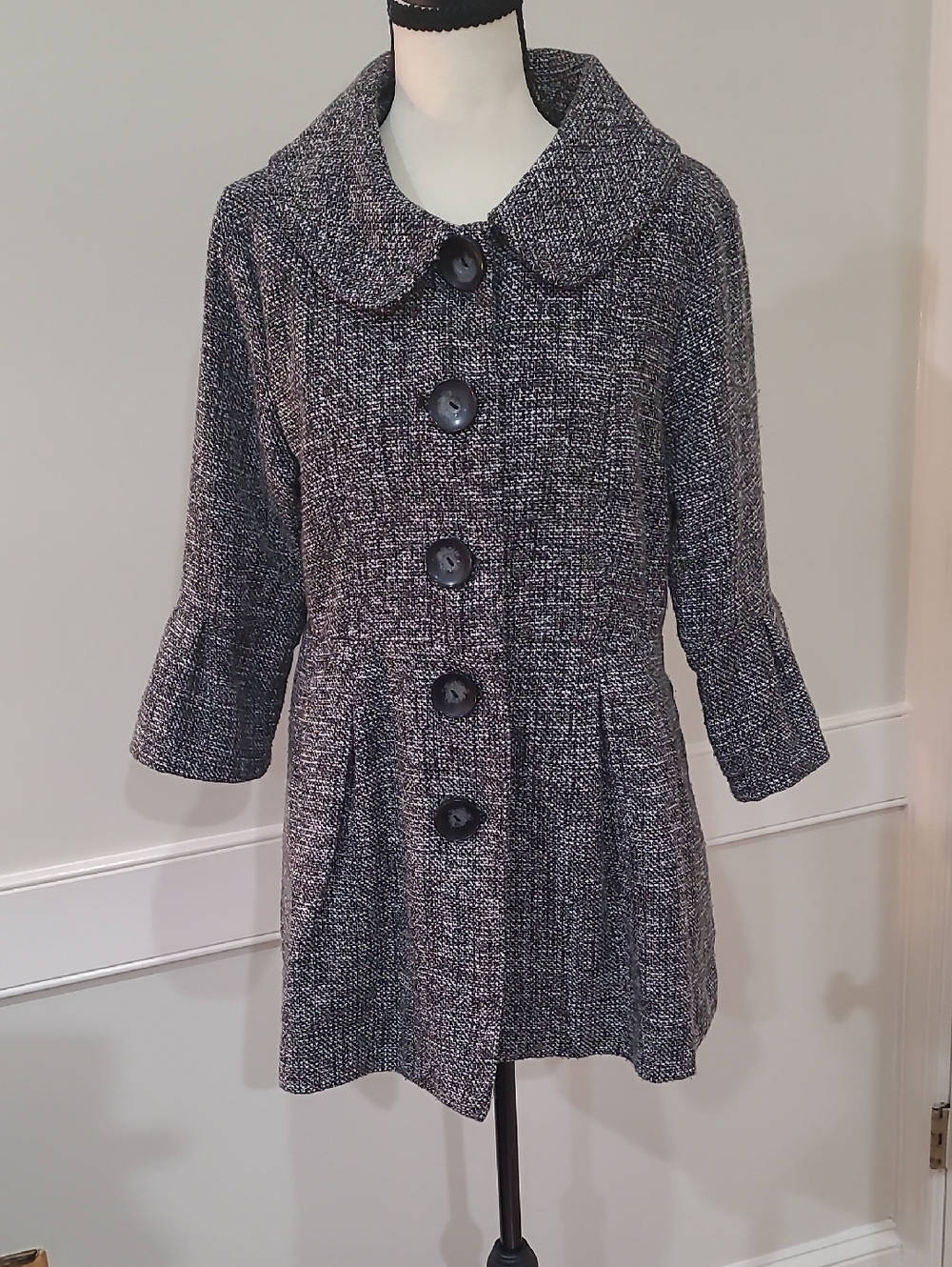 Eden Court Black & White Tweed Pattern Button Front Peacoat Jacket - Size M